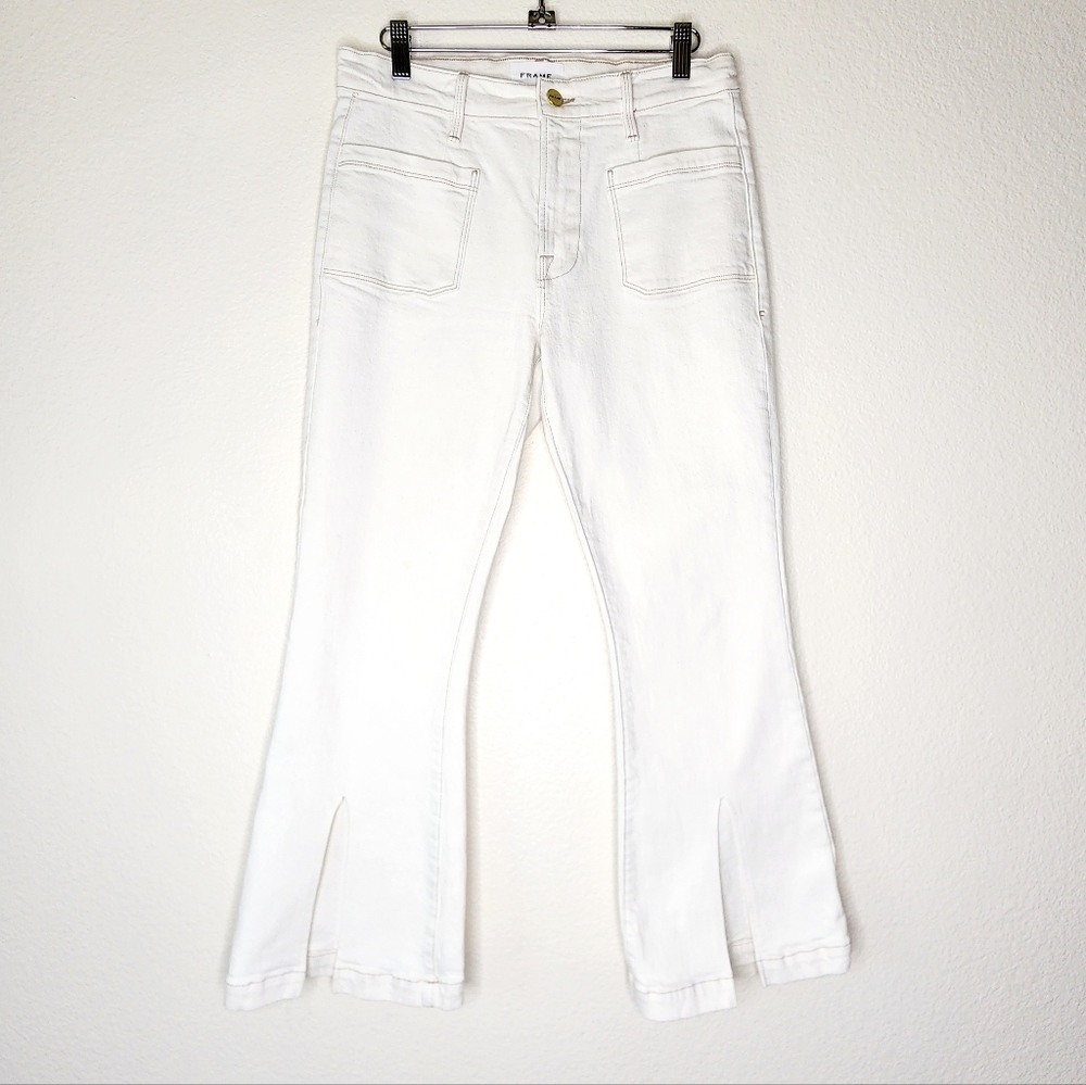 Frame Denim White Flare Jeans with Front Slits
